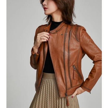 Leather Coat Women Short All-match European Fashion Biker Genuine Sheepskin Black Jackets Zipper Pocket Jaqueta Couro Feminina