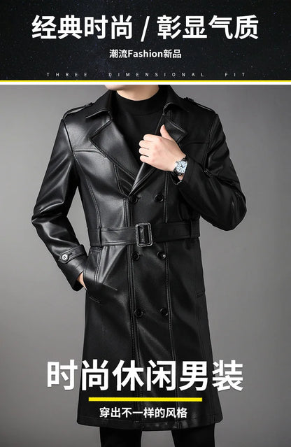 High Quality Knee-Length Men's Leather Overcoat for Autumn & Winter Double Breasted  Business Windbreaker Leather Coats PU-026