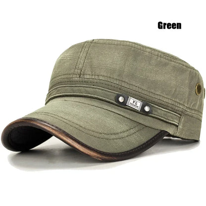 Leather Brim Washed Distressed Cotton Adjustable Military School Flat Cap Sun Hat Trucker Caps Dad Hats