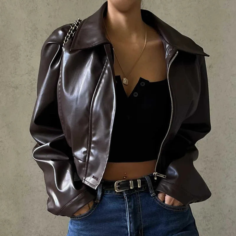 2025 Fashion Faux Leather Jacket Aesthetic Fashion Streetwear Turn-down Collar Coat Women Autumn Casual Simple Long Sleeve Coats