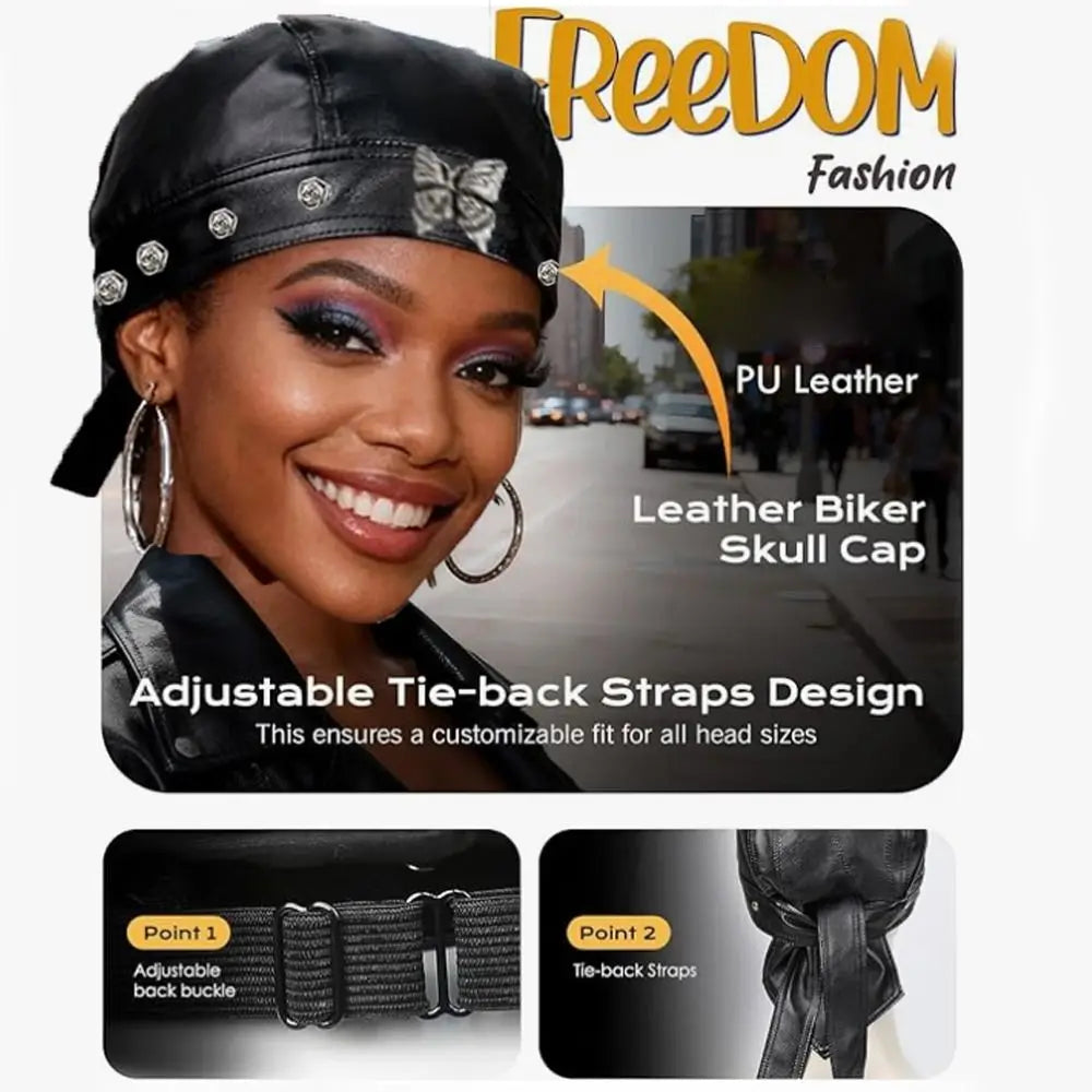 PU Leather Black Biker Cap Doo Rag Bandana Waterproof Butterfly Cap Cool Adjustable Motorcycle Leather Hat for Women and Men
