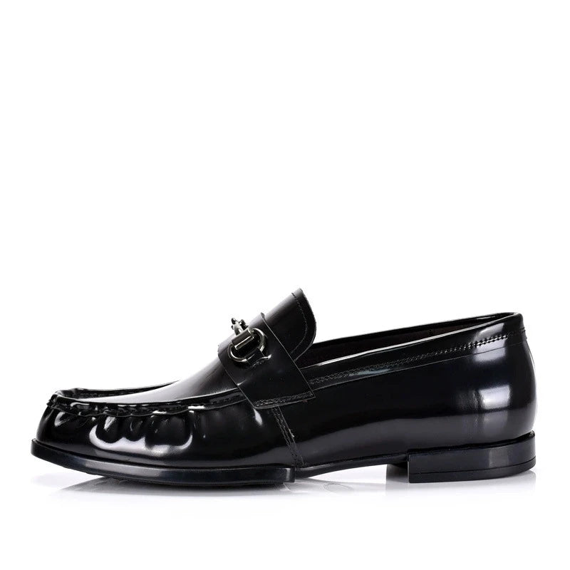 Black Genuine Leather Men's Shoes Loafers Pointed Toe British Design Horse Collar Buckle Lazy Patent Leather Dress Shoes