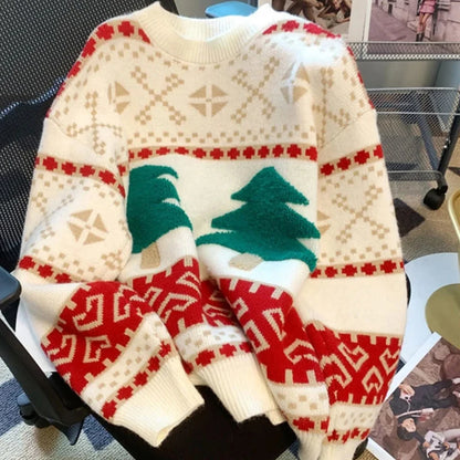 Sweet Christmas Tree Red Sweater Women Long Sleeve O Neck Cute Knit Pullover Harajuku Y2K Preppy Style Casual Lazy Jumper