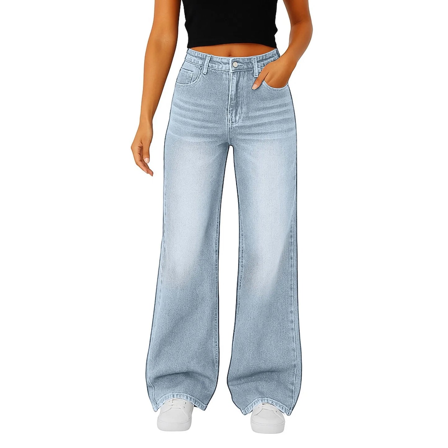 Wide-Leg Jeans Women Light Blue High-Waisted Simple Design Fashionable Trousers Loose-Fitting High-Height Pants Suitable Daily