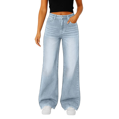 Wide-Leg Jeans Women Light Blue High-Waisted Simple Design Fashionable Trousers Loose-Fitting High-Height Pants Suitable Daily
