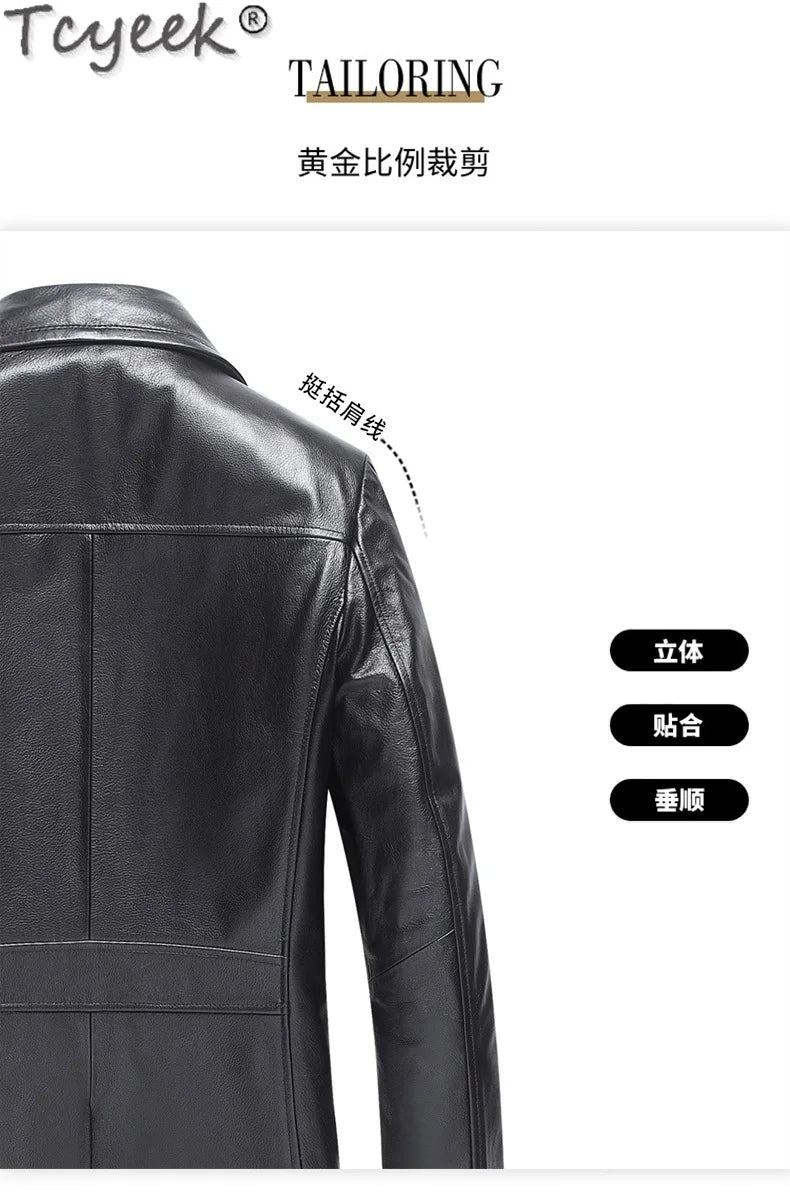 Tcyeek Real Cowhide Genuine Leather Man Jackets Mid-length Trench Coat Spring Autumn Suit Jacket Men Clothing Jaqueta De Couro