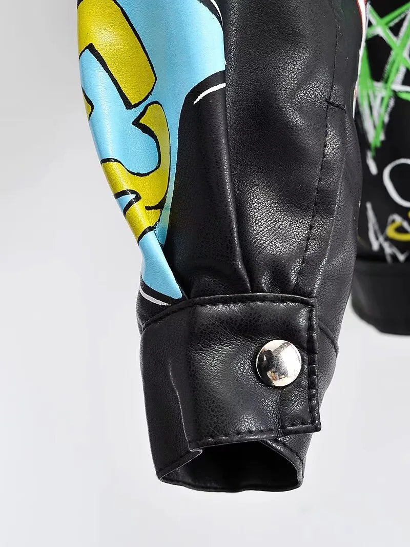 Fashion Brand Coat PU Leather Jacket Women Colorful Print Graffiti Soft Punk Coats Slim Locomotive Cropped Jacket Leather Top 1