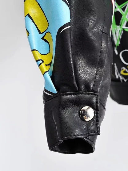 Fashion Brand Coat PU Leather Jacket Women Colorful Print Graffiti Soft Punk Coats Slim Locomotive Cropped Jacket Leather Top 1