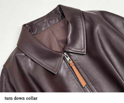 Natural Leather jacket For Women Lambskin Bomber Biker Jacket Long Sleeves 100% Sheepskin Leather Coat  Folded Short Tops Woman