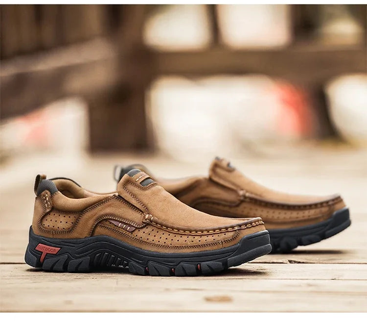 Handmade Leather Men Shoes Casual Outdoor Slip On Loafers Men Leather Shoes Flats Moccasins Walking Shoes Non-Slip Dropshipping