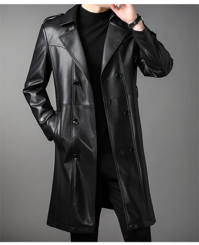 High Quality Knee-Length Men's Leather Overcoat for Autumn & Winter Double Breasted  Business Windbreaker Leather Coats PU-026