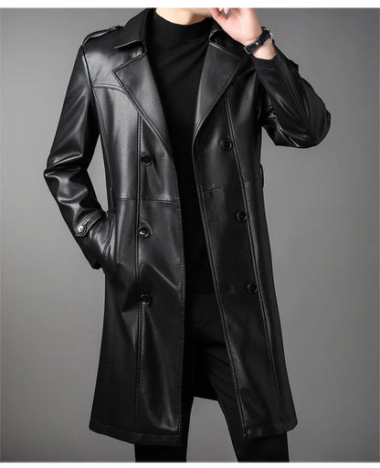 High Quality Knee-Length Men's Leather Overcoat for Autumn & Winter Double Breasted  Business Windbreaker Leather Coats PU-026