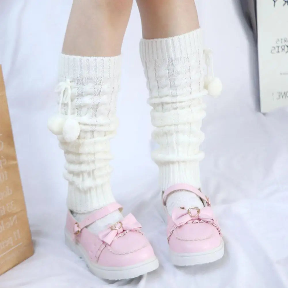 Winter Sweet Lolita Autumn Wool Ball Knitted Leg Warmers Leg Warm Socks Foot Cover Knee Cover