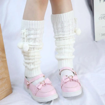 Winter Sweet Lolita Autumn Wool Ball Knitted Leg Warmers Leg Warm Socks Foot Cover Knee Cover