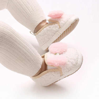 Cute Toddler Winter Boots Warm Plush Snow Booties Slip-on Soft Sole Shoes for Baby Girls with Bow Decoration and Anti-Skid