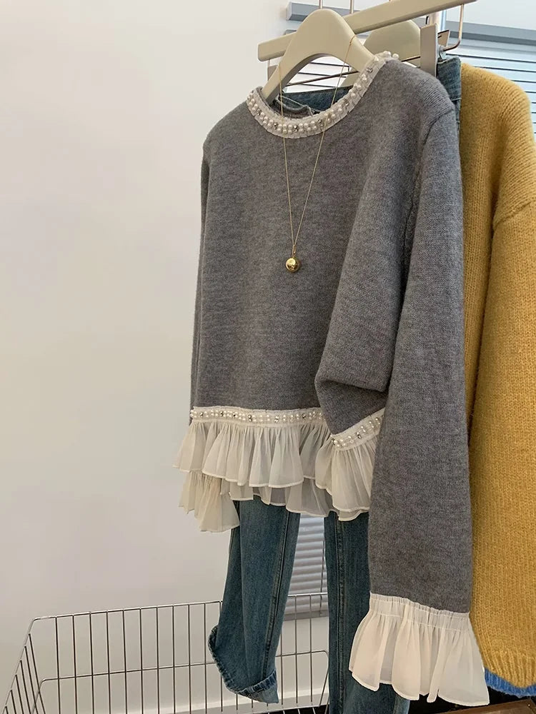 New Winter Sweet Loose Beaded Ruffled Pink Sweater for Women Fashion Versatile Casual and Elegant Knitted Sweater