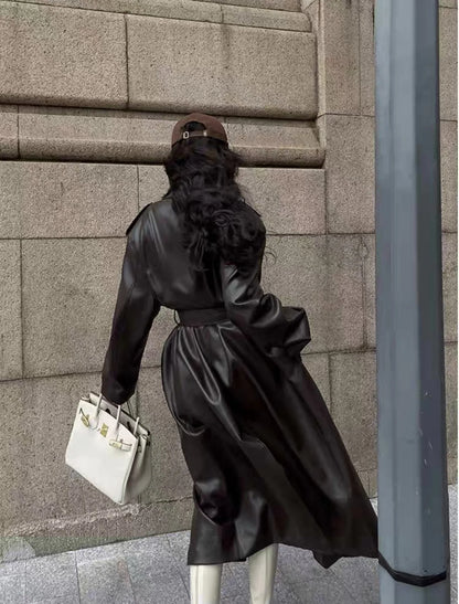 Women Faux PU Leather Coats Turn Down Collar Black High Waist Lace Up Long Jackets Casual Elegant Y2k Maxi Loose Windbreak