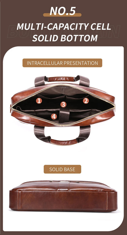 BULLCAPTAIN Leather Laptop Bag, Top Layer Leather 15" Laptop Bag Men's Laptop Briefcase Briefcase Work Business Travel Bag 053