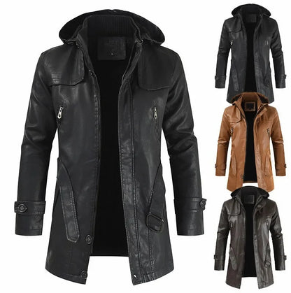 Winter Men's Leather Motorcycle Leather Korean Fashion Jacket Coat Windproof Clothes Men's Hooded Medium Long Windbreaker Coats