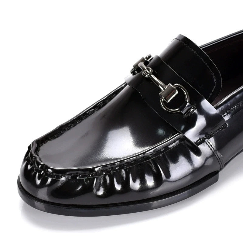 Black Genuine Leather Men's Shoes Loafers Pointed Toe British Design Horse Collar Buckle Lazy Patent Leather Dress Shoes