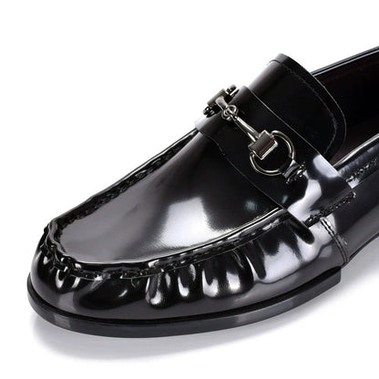 Black Genuine Leather Men's Shoes Loafers Pointed Toe British Design Horse Collar Buckle Lazy Patent Leather Dress Shoes