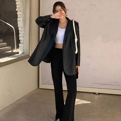 Fashion Lapel Collar Leather Jacket Women Outerwear Korean Chic Vintage PU Coats Loose Retro Suit Leather Jacket Autumn/Winter