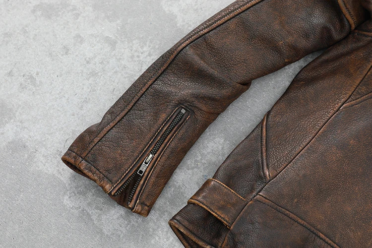 Cowhide Leather Coat Men's Retro Distressed Motorcycle Cycling Clothing Trendy Youth LapeSpring and Autumn Coat