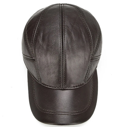 Men's 2025 Casual Real Leather Earflap Cap Men Real Cowhide Leather Caps Male Fall Winter Genuine Real Cow Leather Baseball Hats