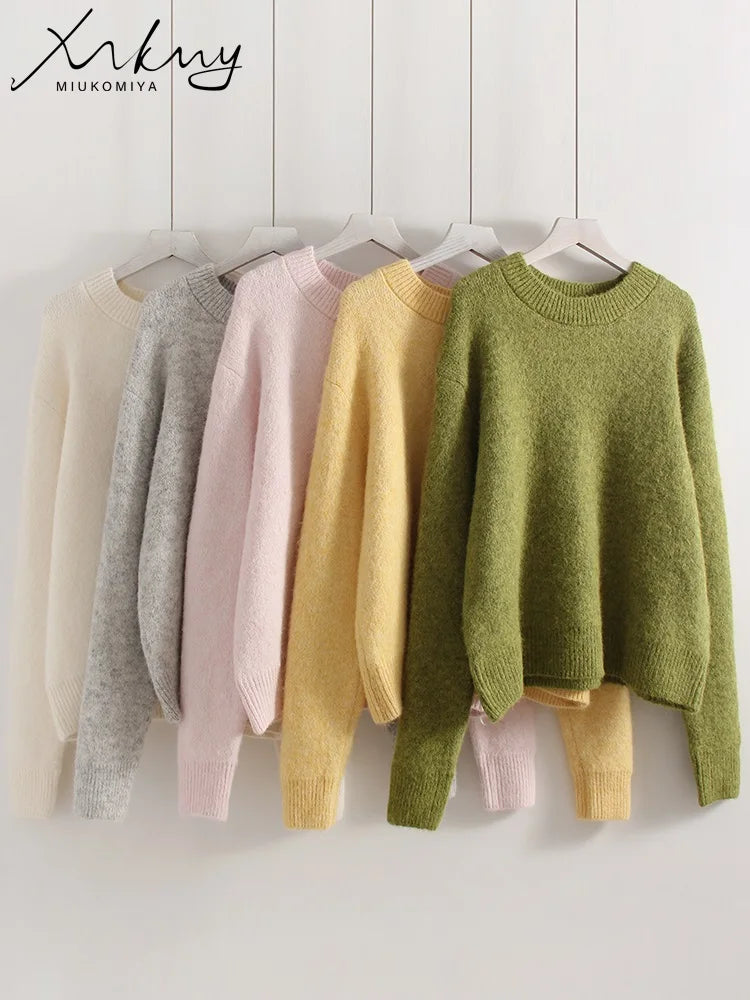 Women's Winter Sweater 2025 Warm Pullovers O Neck Knitwear Loose Knit Jumpers Basic Brown Sweaters For Women Winter Pink