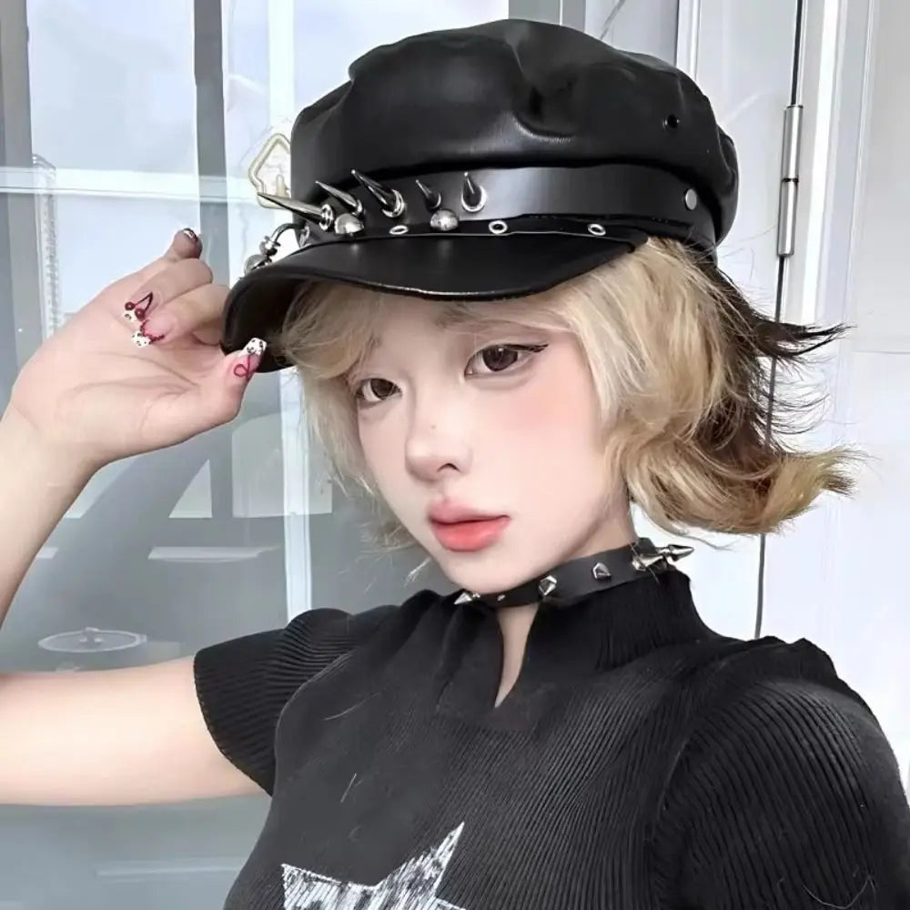 PU Leather Rivet Punk Cap Lolita Cool Beret Hat Gothic Spike Cap Sunscreen Hat Black Painter Hat Hip Pop Cap