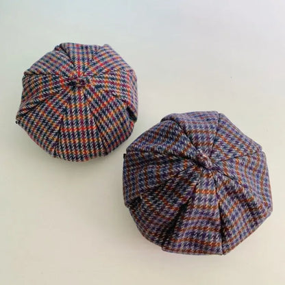 Kids Boys Girls PU Leather Hat 2024 New Arrival Children Princess Retro Beret Cap British Style Plaid Striped Cap Steetwear Hat