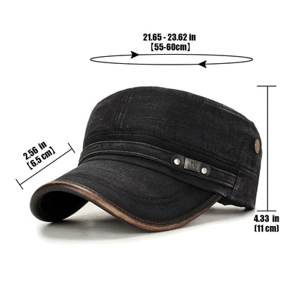 Leather Binding Washed White Distressed Cotton Adjustable Cadet Flat Cap Sun Hat Trucker Caps Dad Hats