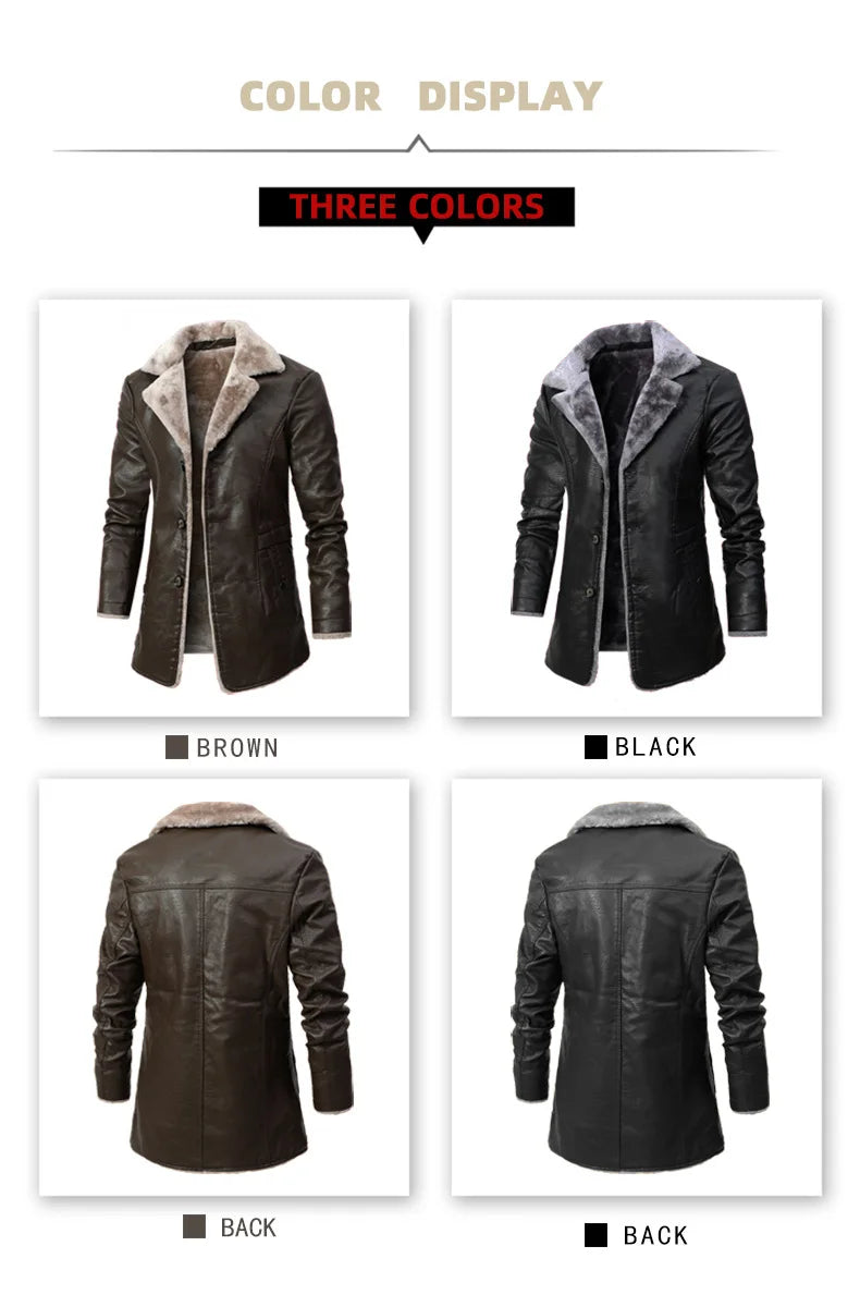 Winter Men's Leather Jacket Oversized Fur Long Coats High Quality PU Leather Thicken Fleece Casual Jacket Men Clothing A2F80818