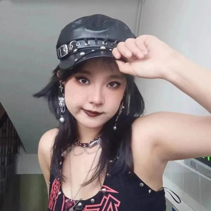 PU Leather Rivet Punk Cap Lolita Cool Beret Hat Gothic Spike Cap Sunscreen Hat Black Painter Hat Hip Pop Cap