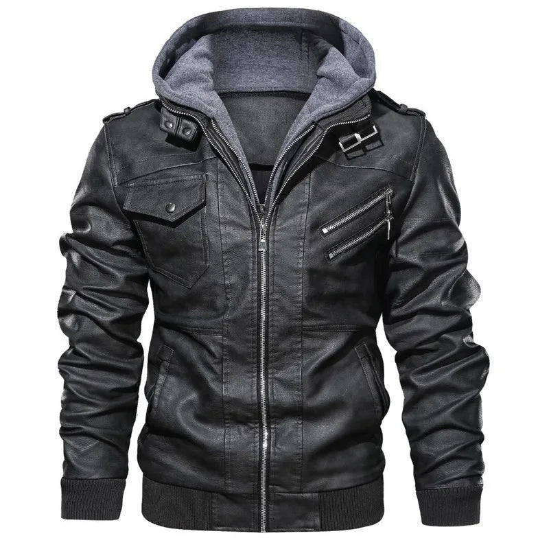 Men Leather Jacket Warm Autumn Winter Windbreaker Overcoat PU Biker Jacket Coat With Hood Fashion Casual Jacket Male Clothes