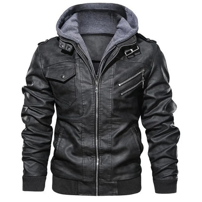 Men Leather Jacket Warm Autumn Winter Windbreaker Overcoat PU Biker Jacket Coat With Hood Fashion Casual Jacket Male Clothes