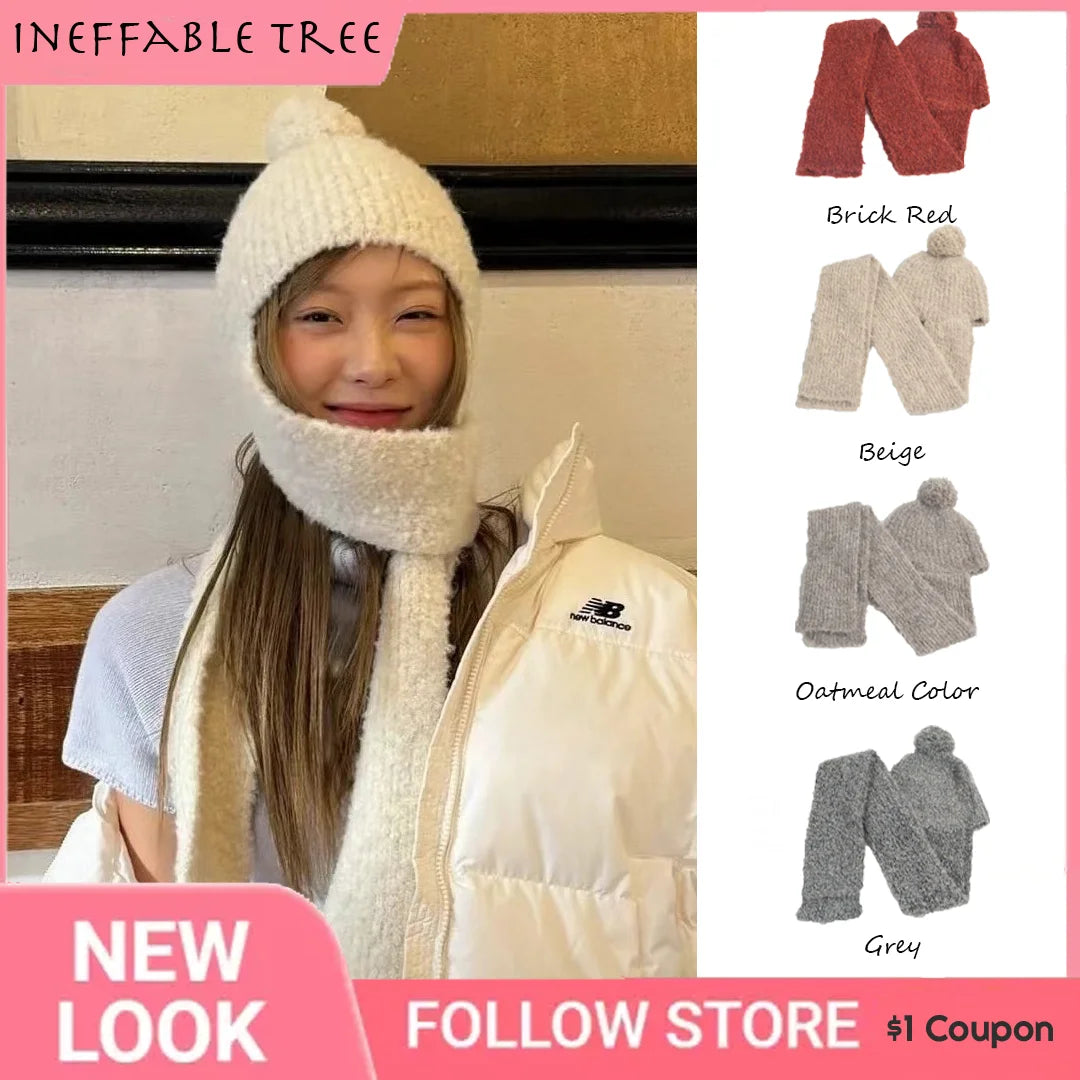 Winter Sweet Girl's Must-have - Wool Blend Beanie with Scarf and Shiny Furball