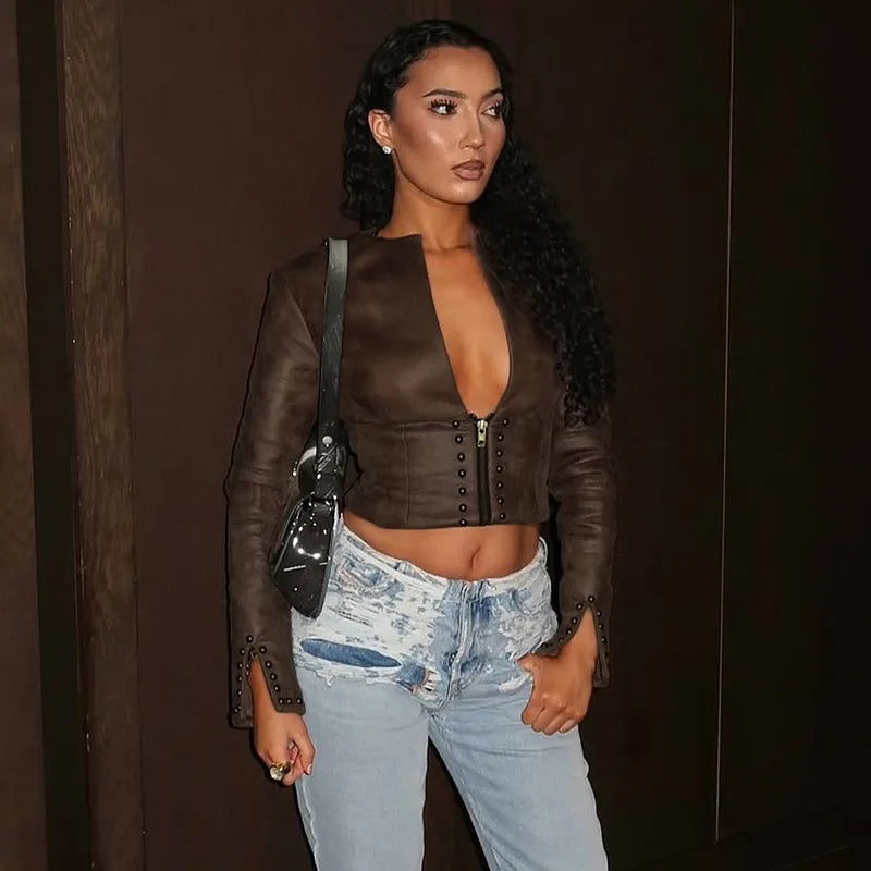 Leather Sexy Jacket Cargo Coats Casual Fashion Crop Sexy Tops 2025 Women Fall Winter Clothes Cyber Y2K Streetwear PU Jackets