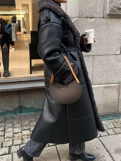 Women's Coat 2025 Autumn New Style Black Long-Sleeve Leather and Fur Integrated Coat with Belt High-End Outerwear Elegant