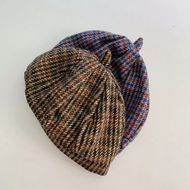 Kids Boys Girls PU Leather Hat 2024 New Arrival Children Princess Retro Beret Cap British Style Plaid Striped Cap Steetwear Hat