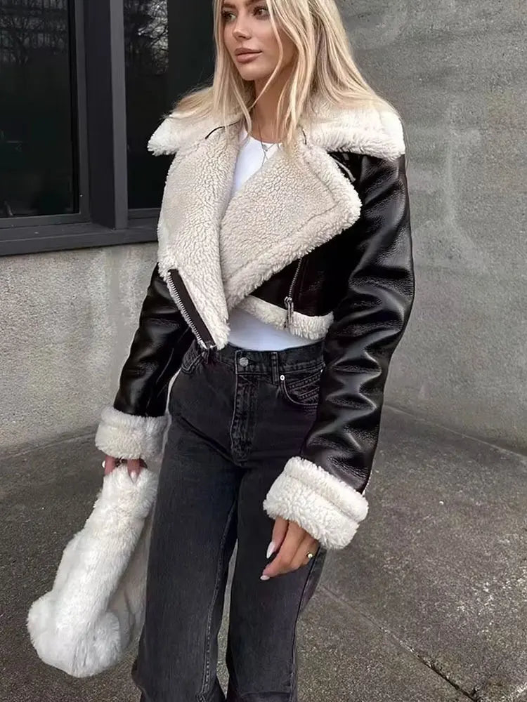 Winter Coat For Women 2024 Black Lapel Long Sleeves Female Zipper Short Jackets Top Streetwear Woman New In OuterCoat