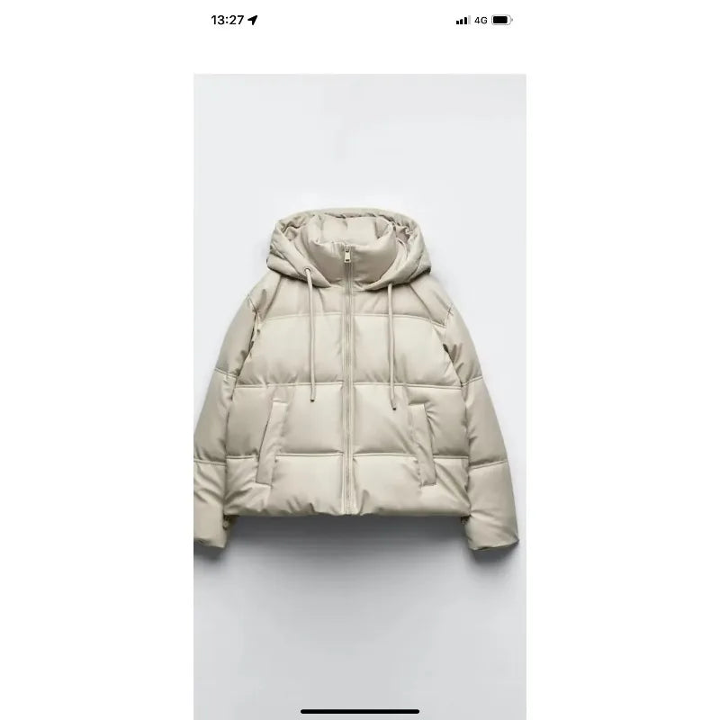 PU Leather Parkas Women Fashion Hooded Faux Leather Coats Women Elegant Zipper Cotton Jackets Female Ladies
