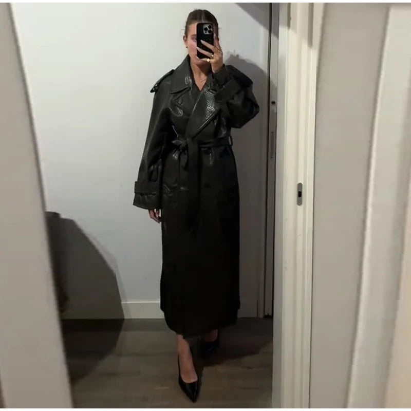 Elegant Women's Double Breasted Long Leather Coat With Belt Lapel Full Sleeve Pockets Jacket 2025 Autumn Winter Lady Outwear New