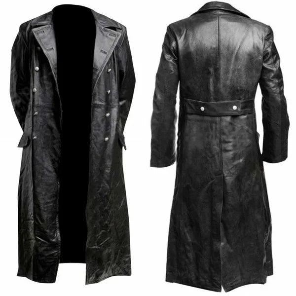 Men Faux Leather Coats Pu Long Coat Splice Double Breasted Turn Down Collar Slim Fit Thick Casual Jackets Autumn Winter