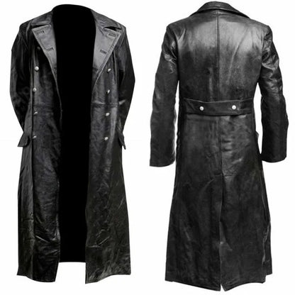 Men Faux Leather Coats Pu Long Coat Splice Double Breasted Turn Down Collar Slim Fit Thick Casual Jackets Autumn Winter