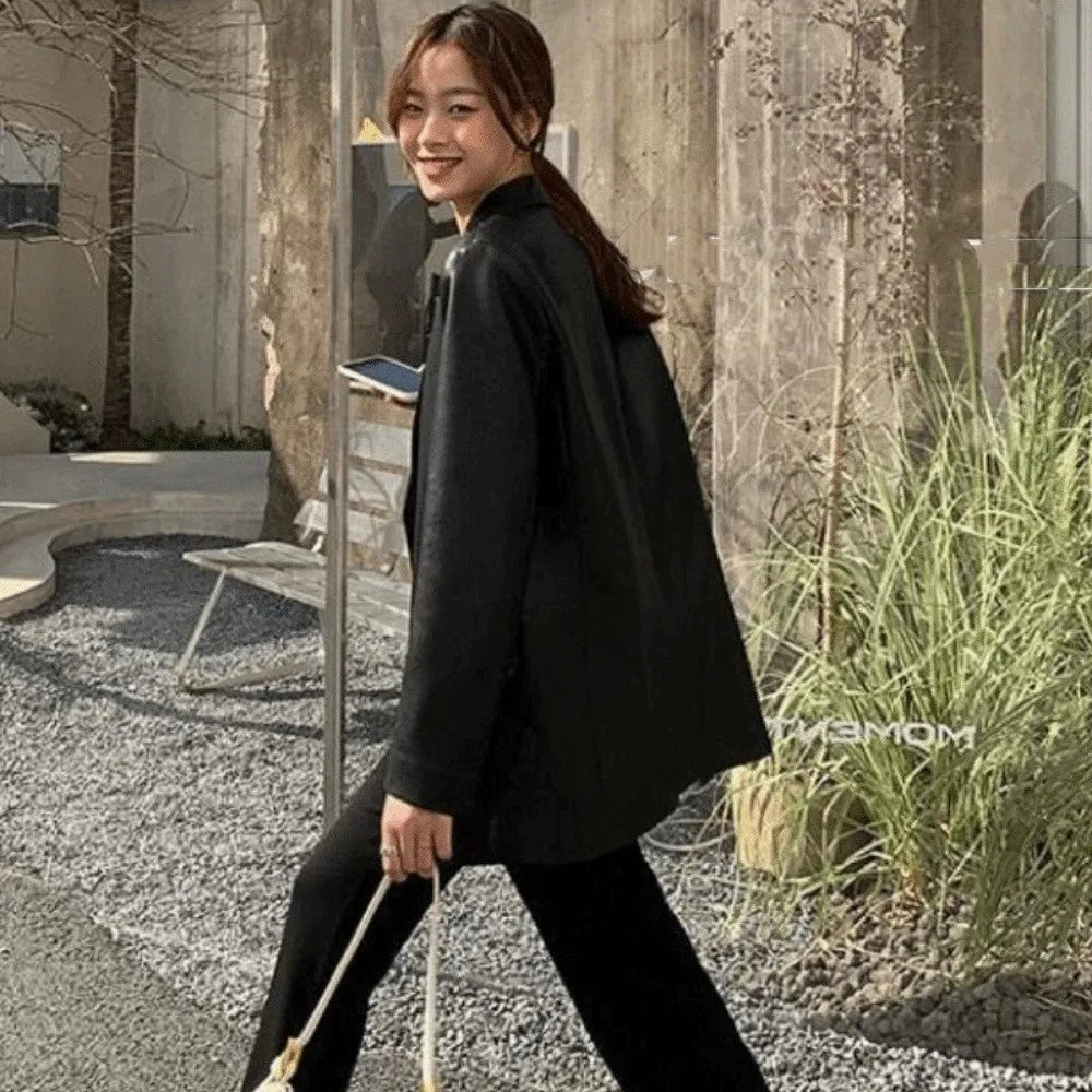 Fashion Lapel Collar Leather Jacket Women Outerwear Korean Chic Vintage PU Coats Loose Retro Suit Leather Jacket Autumn/Winter