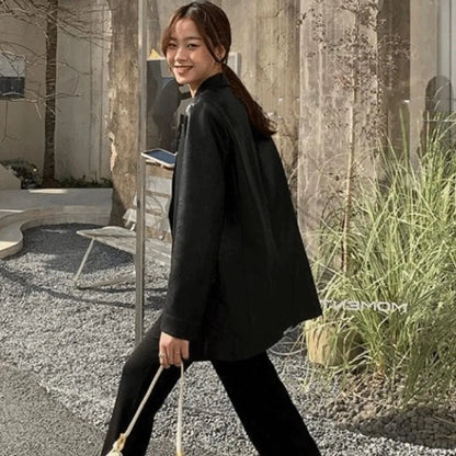 Fashion Lapel Collar Leather Jacket Women Outerwear Korean Chic Vintage PU Coats Loose Retro Suit Leather Jacket Autumn/Winter