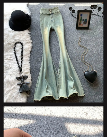 Jeans Women Autumn Chic Daily Flare Trousers Gradient Color High Street Full Length Fashion All-match Temperament Simple Shinny