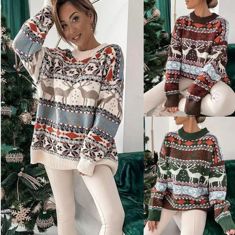 Winter Christmas Sweaters for Women Print Warm Soft Knitwear Full Sleeve Casual Loose Jumpers Xmas pullovers Femme