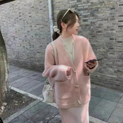 Ladies Sweaters Winter Button Knitted Top for Women White Cardigan 2025 New Collection Jumper Long Sleeve Knitwear Korean Luxury